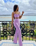 GETADME 2025 Women New Arrival Sexy Low cut Strap Bra Top+High Waist Flare Pants Two Piece Bandage Set Elgant Fashion Party Wear Vintage