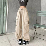 GETADME Women Casual Baggy Cargo Pants Solid Low Waist Joggers Tech Pants Drawstring Wide Leg Baggy Trousers Y2K Streetwear Sweatpants