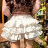 Getadme Women Kawaii Lolita Shorts Skirt 2025 Summer Ruffles Layered Patchwork High Waist Mini Skirts Girl Sweet White Pleated Skirt
