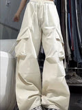 GETADME Y2K Women Cargo Pants Drawstring Vintage Solid Color Baggy Straight Trousers Streetwear Casual Wide Leg High Waist Sweatpants