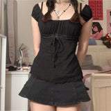 GETADME Elegant Lady Square Collar T-shirt Kawaii Bow Short Sleeve Pullovers Tees Y2K Vintage Fairy Grunge Women Crop Top Retro Clothes