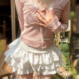 Getadme Women Kawaii Lolita Shorts Skirt 2025 Summer Ruffles Layered Patchwork High Waist Mini Skirts Girl Sweet White Pleated Skirt