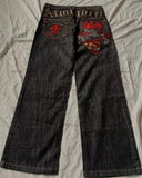 GETADME Vintage Low Waist Hip Hop Cherry Blossom Embroidered Jeans  Wide Leg Trousers Y2K Clothes Mens Womes Embroidered Baggy Jeans