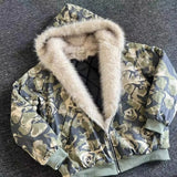 GETADME American Fashion New Camouflage Fur Collar Thick Velvet Jacket Y2K Punk Wind Rock Tide Brand Baggy Hooded Couple Sports Coats