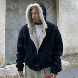 GETADME American Fashion New Camouflage Fur Collar Thick Velvet Jacket Y2K Punk Wind Rock Tide Brand Baggy Hooded Couple Sports Coats