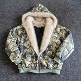 GETADME American Fashion New Camouflage Fur Collar Thick Velvet Jacket Y2K Punk Wind Rock Tide Brand Baggy Hooded Couple Sports Coats