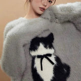 GETADME American Retro Cartoon Cat Bow Plush Sweater Sweater Women Y2K Korean Autumn and Winter Sweet and Spicy Jacquard Loose Pullover