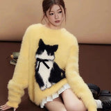 GETADME American Retro Cartoon Cat Bow Plush Sweater Sweater Women Y2K Korean Autumn and Winter Sweet and Spicy Jacquard Loose Pullover