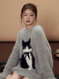 GETADME American Retro Cartoon Cat Bow Plush Sweater Sweater Women Y2K Korean Autumn and Winter Sweet and Spicy Jacquard Loose Pullover
