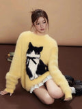 GETADME American Retro Cartoon Cat Bow Plush Sweater Sweater Women Y2K Korean Autumn and Winter Sweet and Spicy Jacquard Loose Pullover