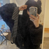GETADME American Retro Cute Rabbit Ear Imitation Fur Short Hooded Plush Jacket for Women Loose and Thick Lazy Style