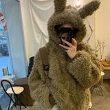 GETADME American Retro Cute Rabbit Ear Imitation Fur Short Hooded Plush Jacket for Women Loose and Thick Lazy Style