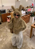 GETADME American Retro Cute Rabbit Ear Imitation Fur Short Hooded Plush Jacket for Women Loose and Thick Lazy Style