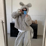 GETADME American Retro Cute Rabbit Ear Imitation Fur Short Hooded Plush Jacket for Women Loose and Thick Lazy Style