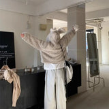 GETADME American Retro Cute Rabbit Ear Imitation Fur Short Hooded Plush Jacket for Women Loose and Thick Lazy Style