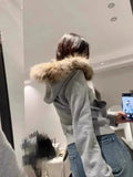 GETADME American Retro Fur Collar Hooded Cardigan Coat Women Spring Autumn New Slim Fit Zipper Jackets Y2k Long Sleeve Sweatshirts