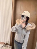GETADME American Retro Fur Collar Hooded Cardigan Coat Women Spring Autumn New Slim Fit Zipper Jackets Y2k Long Sleeve Sweatshirts