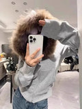 GETADME American Retro Fur Collar Hooded Cardigan Coat Women Spring Autumn New Slim Fit Zipper Jackets Y2k Long Sleeve Sweatshirts