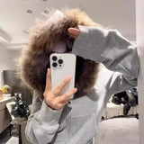 GETADME American Retro Fur Collar Hooded Cardigan Coat Women Spring Autumn New Slim Fit Zipper Jackets Y2k Long Sleeve Sweatshirts