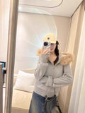 GETADME American Retro Fur Collar Hooded Cardigan Coat Women Spring Autumn New Slim Fit Zipper Jackets Y2k Long Sleeve Sweatshirts