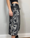 Getadme American Retro Gothic Halloween Geometry Graffiti Print Denim Shorts Men Women Y2k Low Waist Baggy Knee Length Jeans Jorts Short
