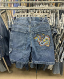 Getadme American Retro Gothic Halloween Geometry Graffiti Print Denim Shorts Men Women Y2k Low Waist Baggy Knee Length Jeans Jorts Short