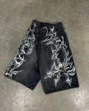 Getadme American Retro Gothic Halloween Geometry Graffiti Print Denim Shorts Men Women Y2k Low Waist Baggy Knee Length Jeans Jorts Short