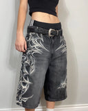 Getadme American Retro Gothic Halloween Geometry Graffiti Print Denim Shorts Men Women Y2k Low Waist Baggy Knee Length Jeans Jorts Short