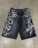 Getadme American Retro Gothic Halloween Geometry Graffiti Print Denim Shorts Men Women Y2k Low Waist Baggy Knee Length Jeans Jorts Short