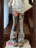 GETADME 아메리칸 레트로 힙합 플라워 프린트 팬츠 여름 하이웨이스트 슬림핏 플레어 팬츠 여성 Y2K E-Girl 패션 와이드 레그