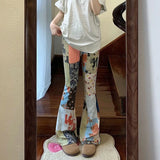 GETADME 아메리칸 레트로 힙합 플라워 프린트 팬츠 여름 하이웨이스트 슬림핏 플레어 팬츠 여성 Y2K E-Girl 패션 와이드 레그