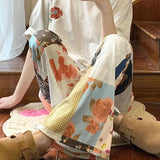 GETADME 아메리칸 레트로 힙합 플라워 프린트 팬츠 여름 하이웨이스트 슬림핏 플레어 팬츠 여성 Y2K E-Girl 패션 와이드 레그