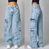 GETADME American Retro Letter Embroidered Washed Jeans Women Y2K New High Street and High Waist Loose Fashion Joker Straight Mop Pants