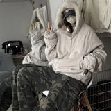 GETADME American Street Retro Fur Collar Thickened Zipper Hooded Jacket  Harajuku Fashion Simple Casual Loose Velvet Warm Jacket