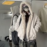 GETADME American Street Retro Fur Collar Thickened Zipper Hooded Jacket  Harajuku Fashion Simple Casual Loose Velvet Warm Jacket