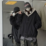 GETADME American Street Retro Fur Collar Thickened Zipper Hooded Jacket  Harajuku Fashion Simple Casual Loose Velvet Warm Jacket