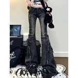 GETADME American Style Retro High Street Ruffled Denim Jeans for Women in Autumn Low Waisted High Elastic Slimming Wide Leg Mop Pants