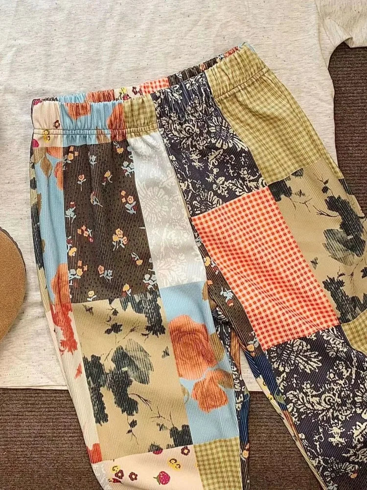 GETADME American Vintage Hiphop Floral Patchwork Pants Y2k E-Girl High Waist Bell Bottom Jeans Summer New Loose Flare  Women
