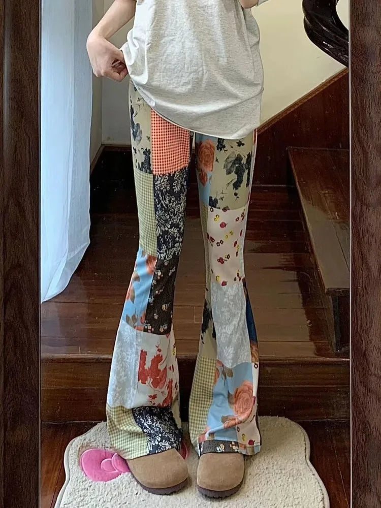 GETADME American Vintage Hiphop Floral Patchwork Pants Y2k E-Girl High Waist Bell Bottom Jeans Summer New Loose Flare  Women