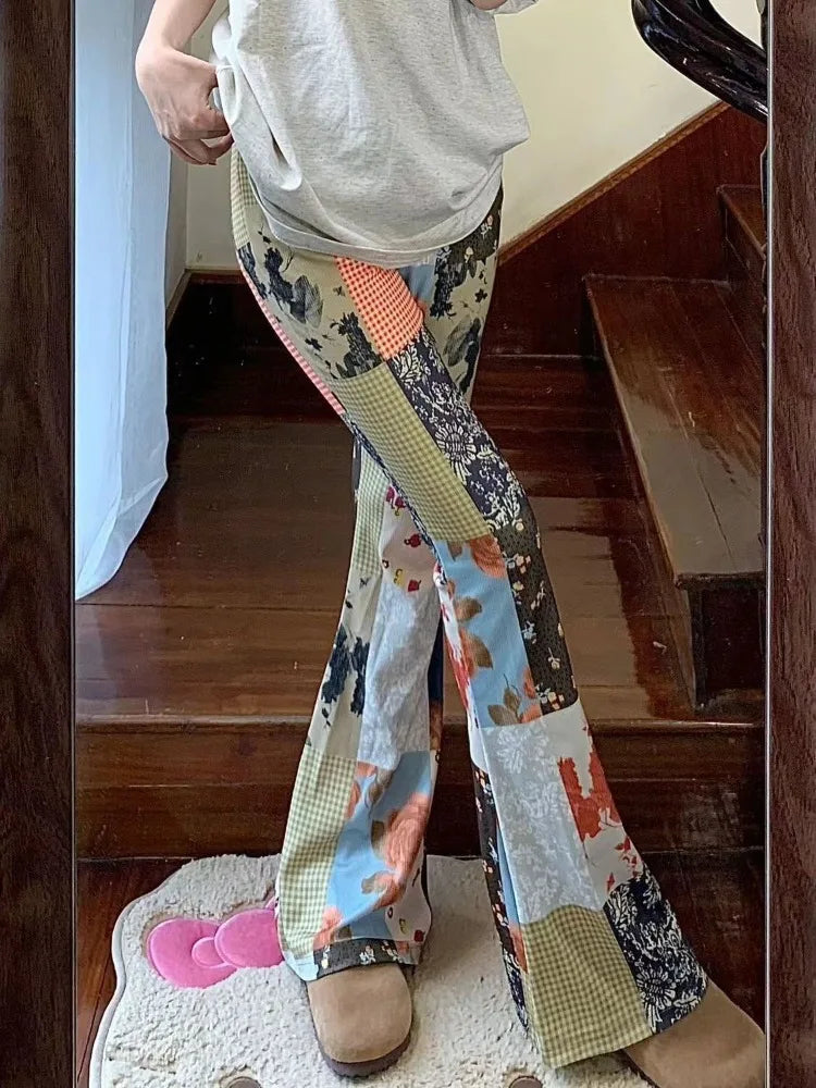 GETADME American Vintage Hiphop Floral Patchwork Pants Y2k E-Girl High Waist Bell Bottom Jeans Summer New Loose Flare  Women
