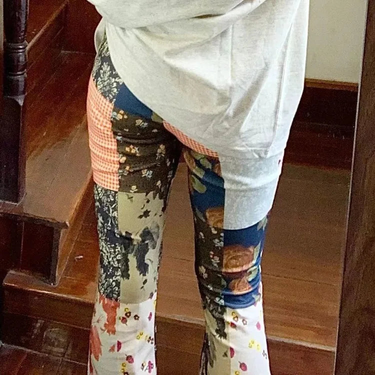 GETADME American Vintage Hiphop Floral Patchwork Pants Y2k E-Girl High Waist Bell Bottom Jeans Summer New Loose Flare  Women