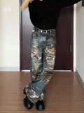 GETADME American Wasteland Street Y2K Printed Washed Baggy Jeans Woman High Street Retro Hot Girl Loose Casual High Waist Straight Jeans