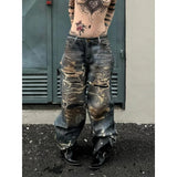 GETADME American Wasteland Street Y2K Printed Washed Baggy Jeans Woman High Street Retro Hot Girl Loose Casual High Waist Straight Jeans