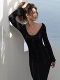 GETADME Articat Elegant Knitted Sweater Long Sleeved V-neck Dress Women Slim Hollow Out Female Vesidos Party Club Evening Dress Vacation