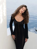 GETADME Articat Elegant Knitted Sweater Long Sleeved V-neck Dress Women Slim Hollow Out Female Vesidos Party Club Evening Dress Vacation