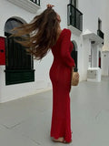 GETADME Articat Elegant Knitted Sweater Long Sleeved V-neck Dress Women Slim Hollow Out Female Vesidos Party Club Evening Dress Vacation