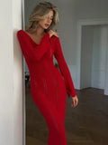 GETADME Articat Elegant Knitted Sweater Long Sleeved V-neck Dress Women Slim Hollow Out Female Vesidos Party Club Evening Dress Vacation