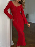 GETADME Articat Elegant Knitted Sweater Long Sleeved V-neck Dress Women Slim Hollow Out Female Vesidos Party Club Evening Dress Vacation