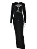 GETADME Articat Sexy Hollow Out Long Sleeved Elastic Tight Dress Women Pleats Double Layered Female Vestidos Elegant Party Evening Dress