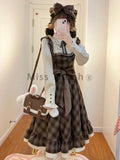 GETADME Autumn France Vintage Long Sleeve Dress Women Fashion Design Bow Lapel Lace Up Plaid Dresses Retro Chic Slim Thin Ruffle Dress
